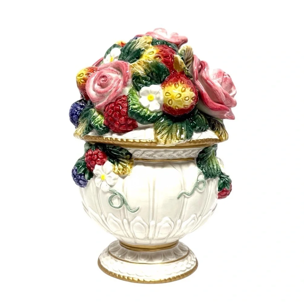 Fitz and Floyd Strawberries & Roses Lidded Candy Jar with Pink/Gold Accents EUC
